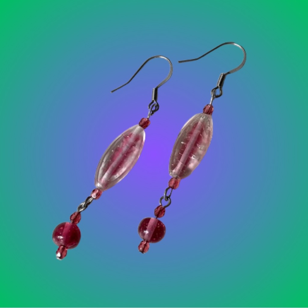 Vintage rose pink & clear art glass dangle earrings romantic boho